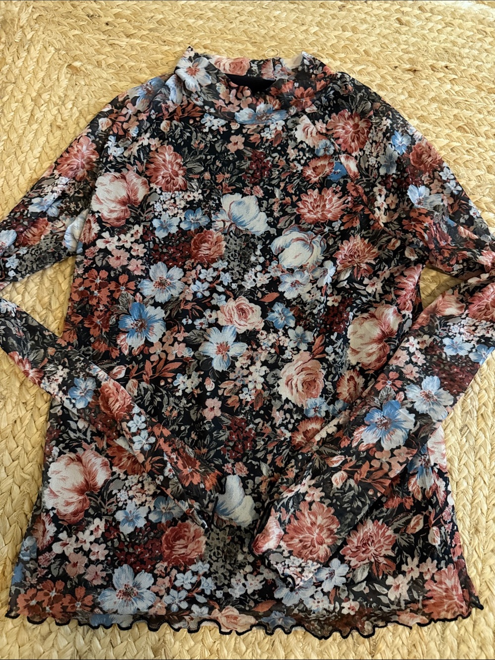 Amazon Long-Sleeve Floral Mesh Mock Neck Top - Black Multi NWOT